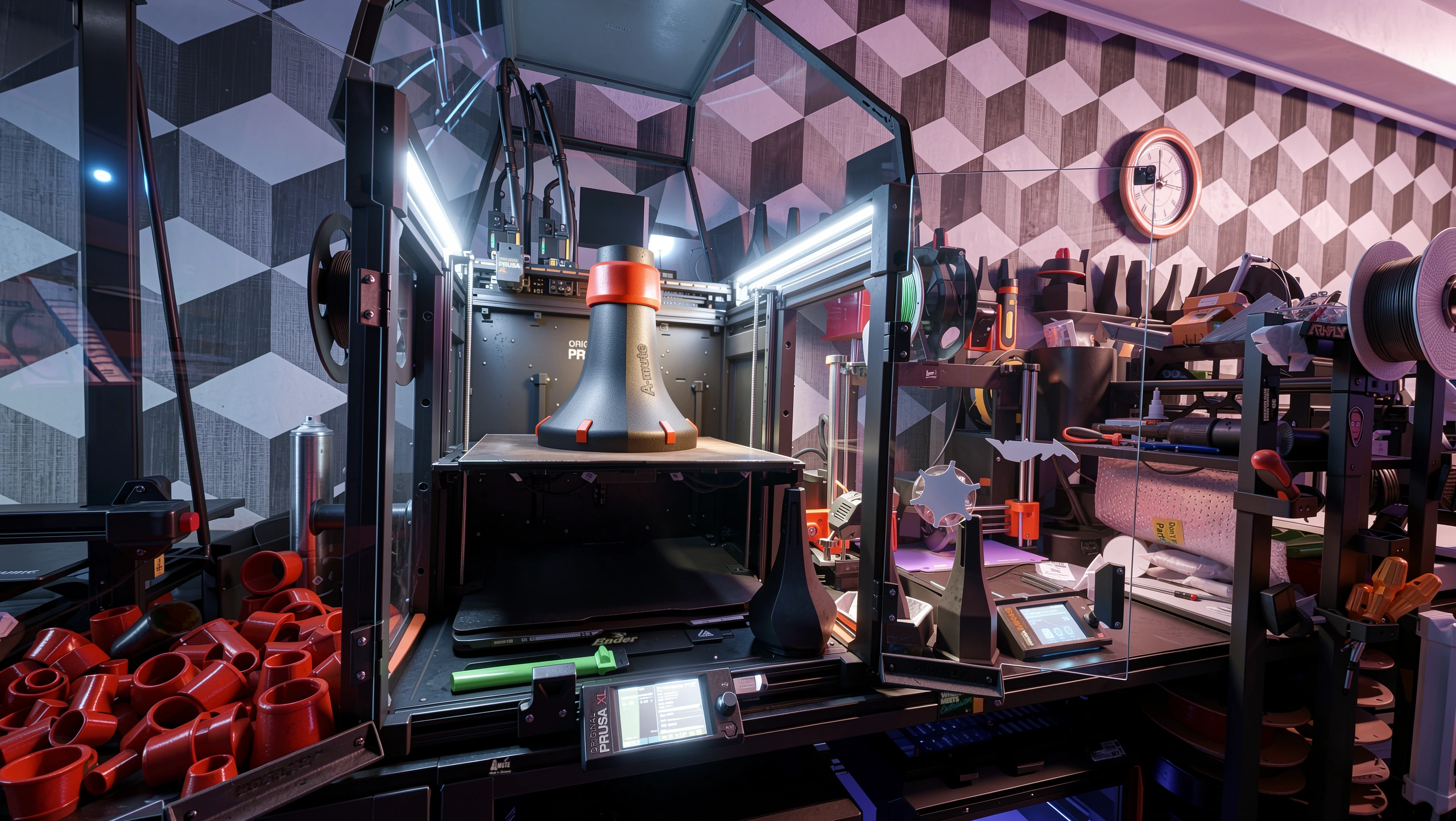 A-MUTE mute being produced in a 3D-printing workshop beside the finished product range