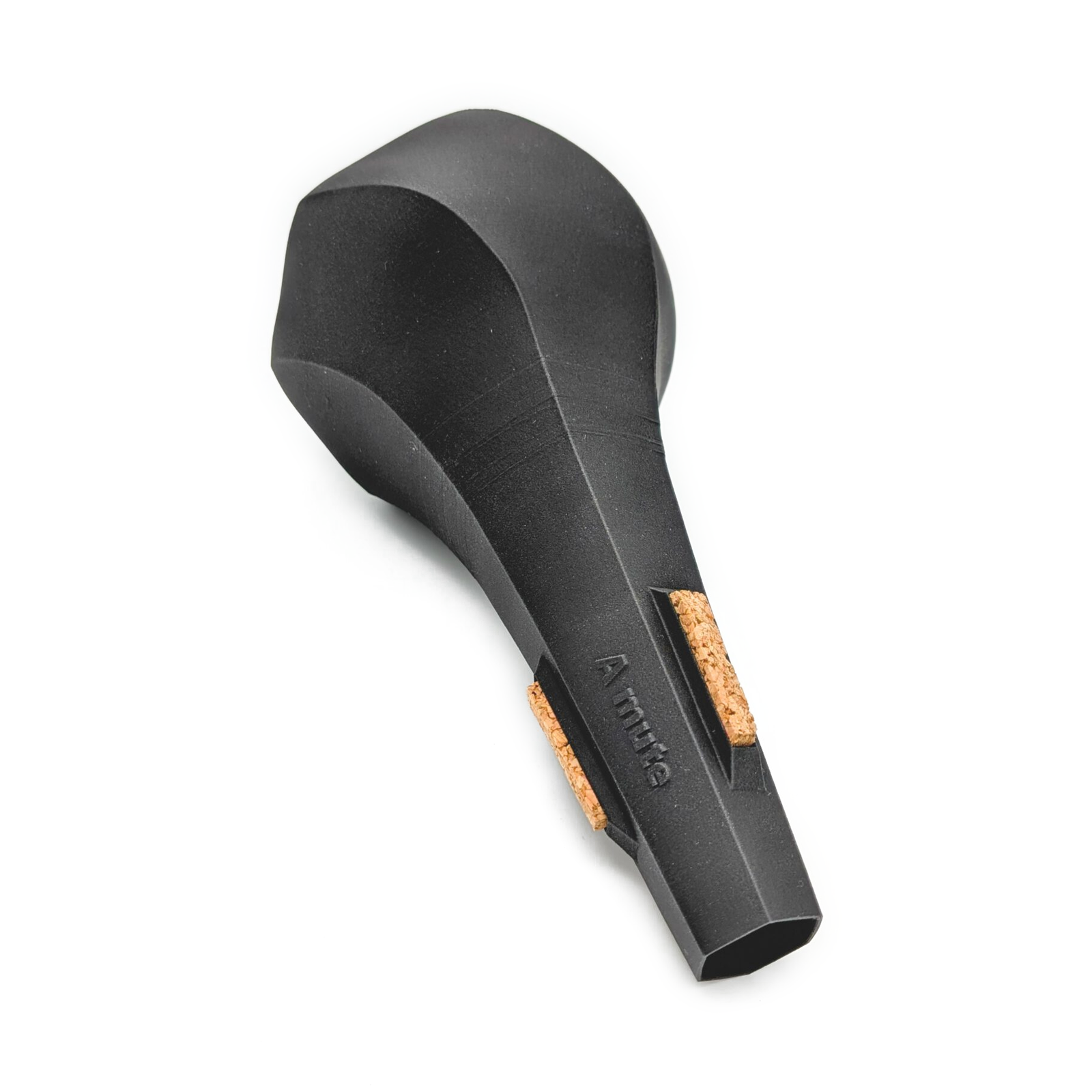 Detailansicht des A-Mute Straight Dämpfers für Flügelhorn mit Korkstreifen und mattschwarzer Oberfläche