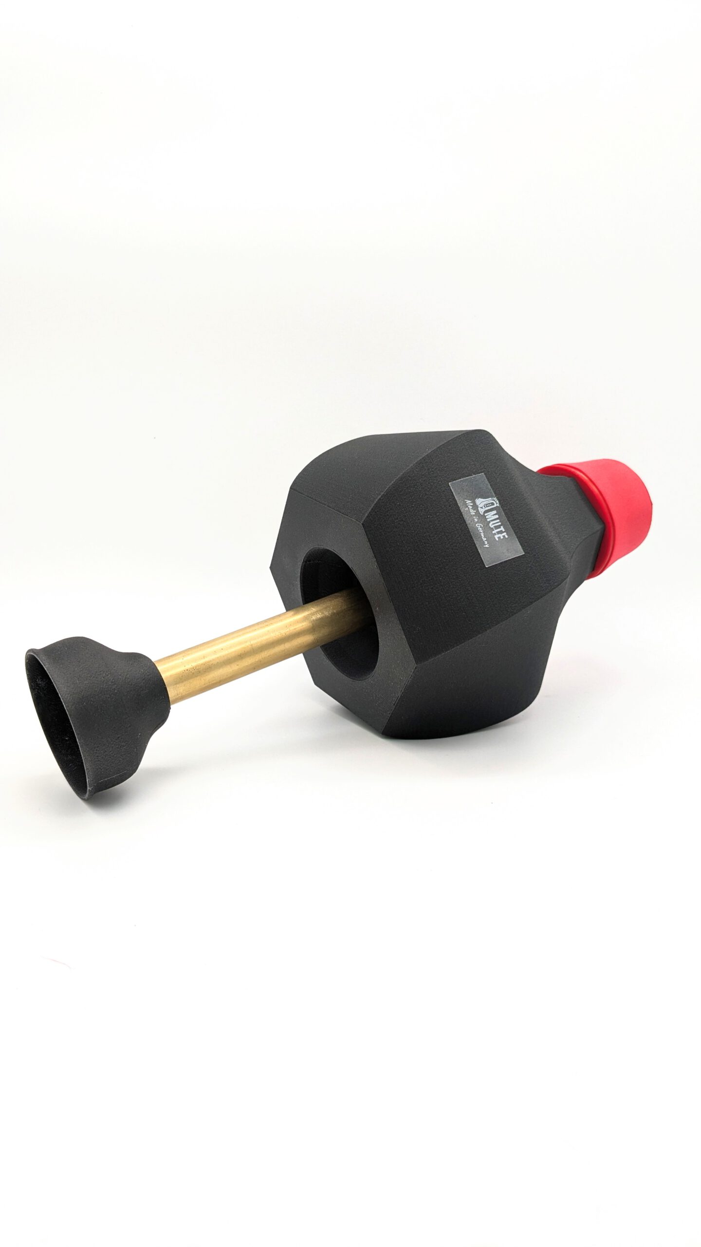 A-Mute Harmon trumpet mute with inserted brass stem in side view