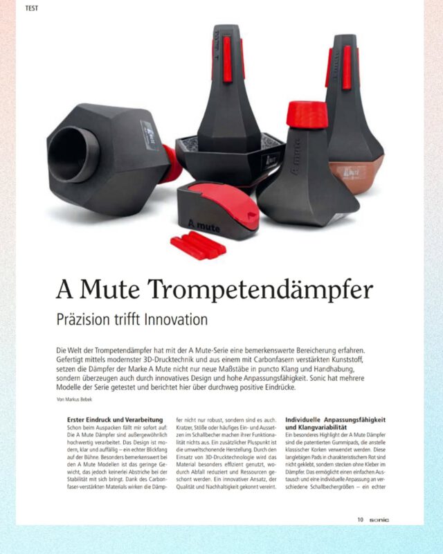 Huge thanks to Sonic Magazine and Markus Bebek for the article about A Mute trumpet mutes.Thanks for testing the mutes and for sharing your impressions. Great to see the A Mute series featured in Sonic.Huge thanks to Sonic Magazine and Markus Bebek for the article about A Mute trumpet mutes.Thanks for testing the mutes and for sharing your impressions. Nice to see the A Mute series featured in Sonic.